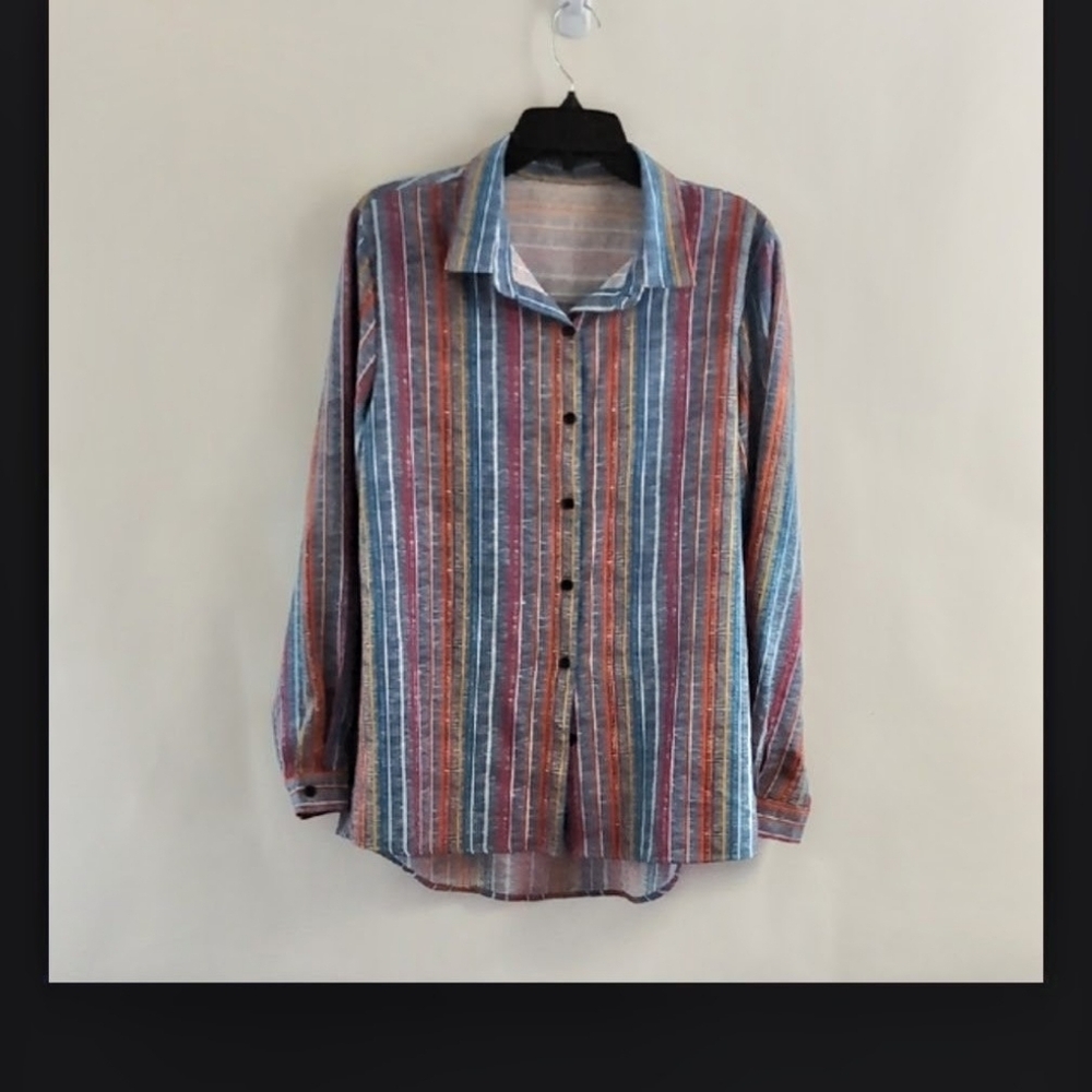 Striped Long Sleeve Button-Up Shirt Non Wrinkle Blouse size Large